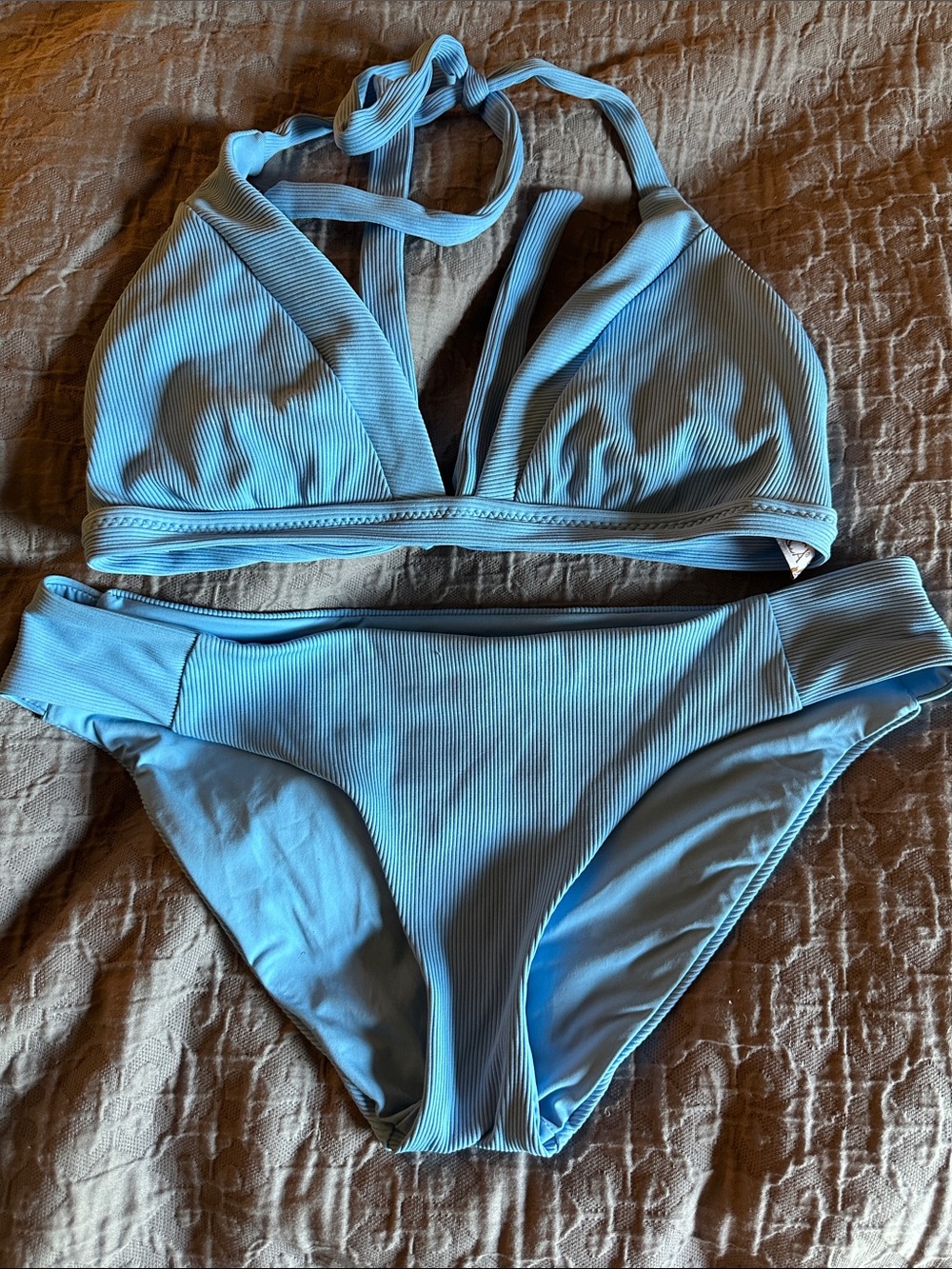 BECCA Light Blue Ribbed Two-Piece Bikini D - Large
